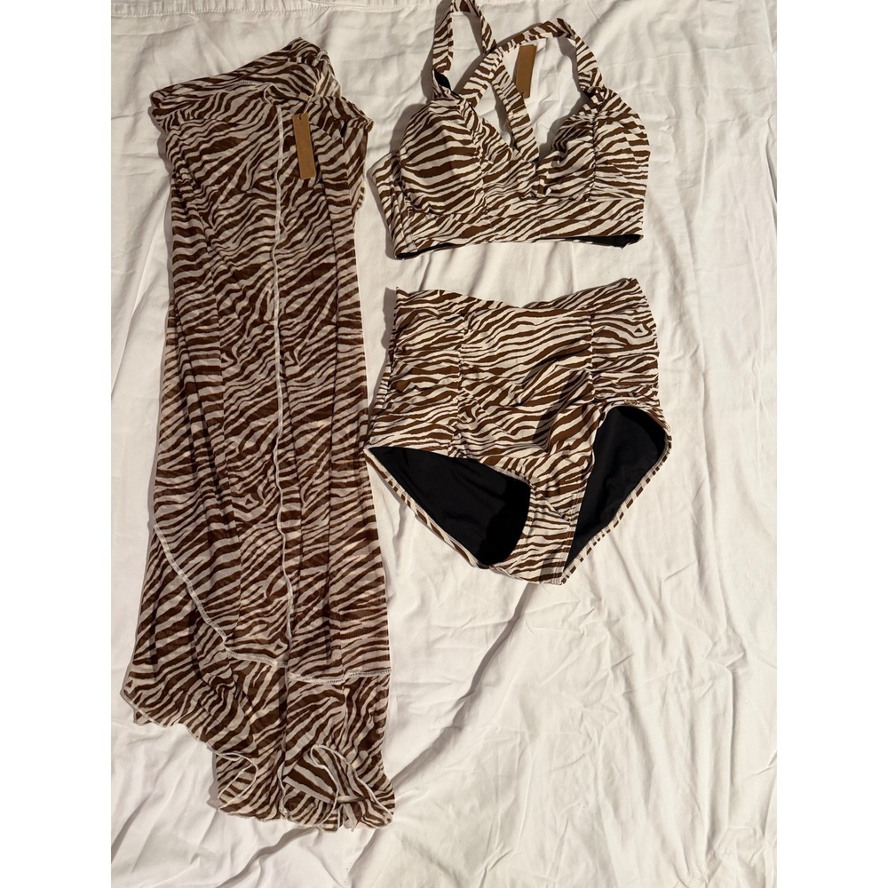 Shapellx Zebra Print 3 Piece Bikini Set with Mesh Sarong Cover Up Brown Cream S